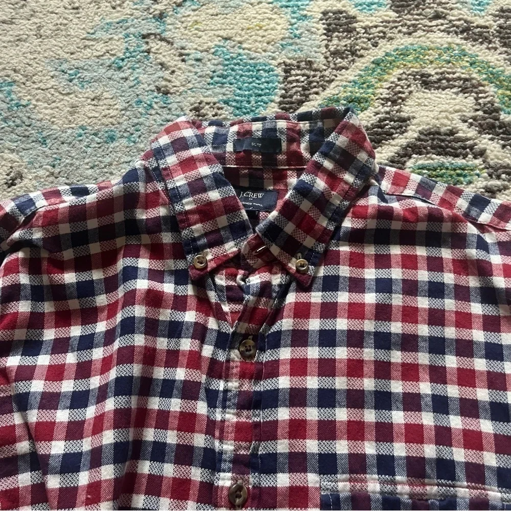 Red white and blue J. Crew plaid button down shirt